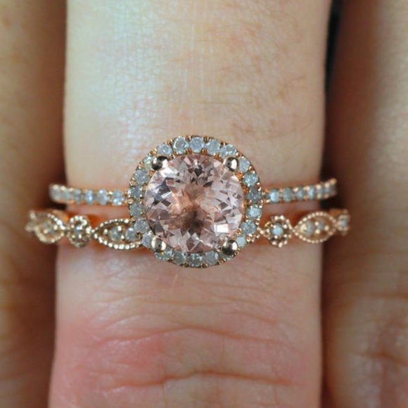 NEW 18K Rose Gold Pink&White Diamond 2P Ring Set - Picture 3 of 5
